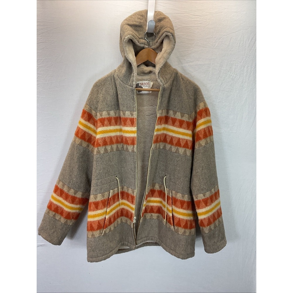 Silton California VTG 1970s wool Southwest Aztec long overcoat hooded Western 44